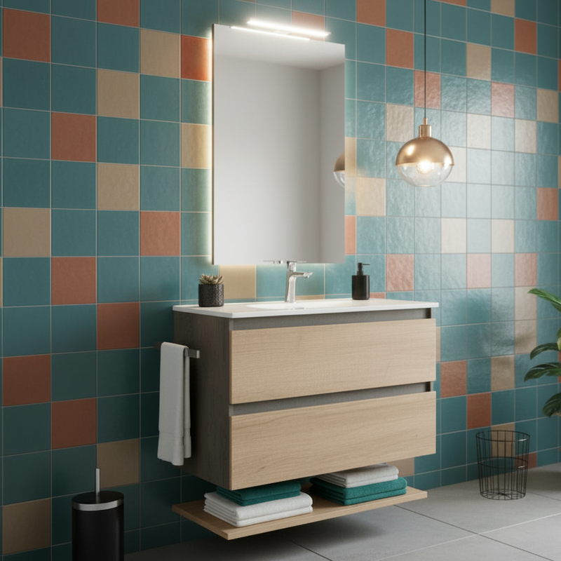 Mobile Bagno Sospeso 80 Cm Due Cassetti Specchio a Filo 80x60 Cm Finitura Rovere Riviera/Ossido Grigio
