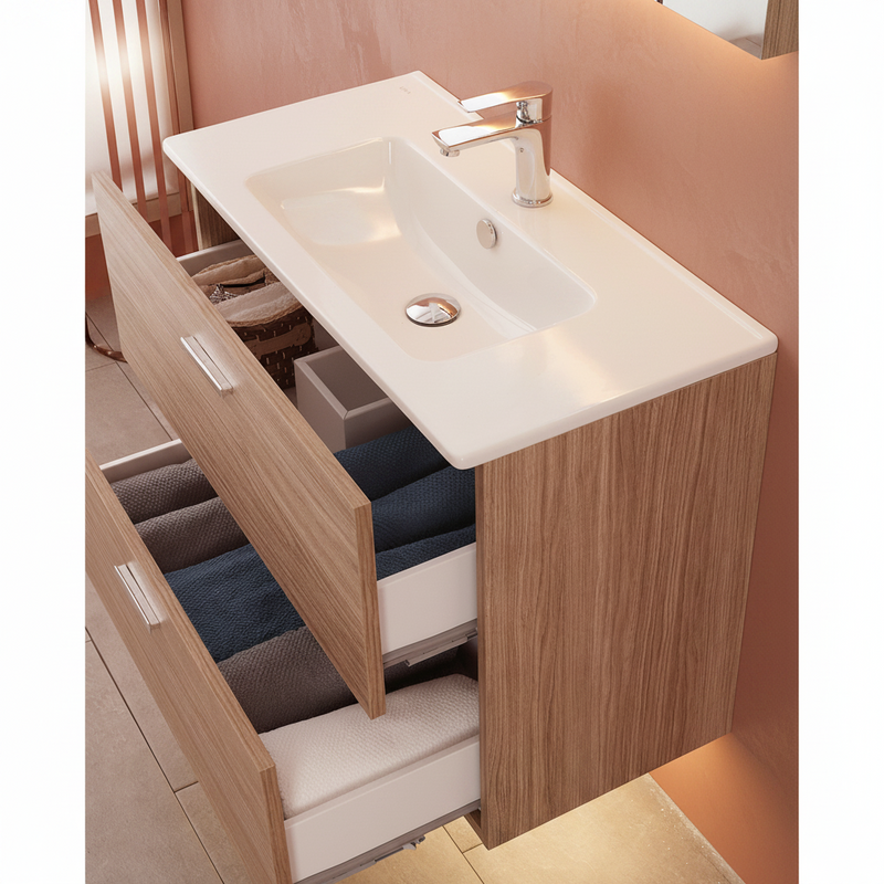 Mobile Bagno Sospeso 80 Cm Due Cassetti Specchio Con Lampada Led 62x78,5 Cm Cubi&Co "Smile" Rovere Tropea