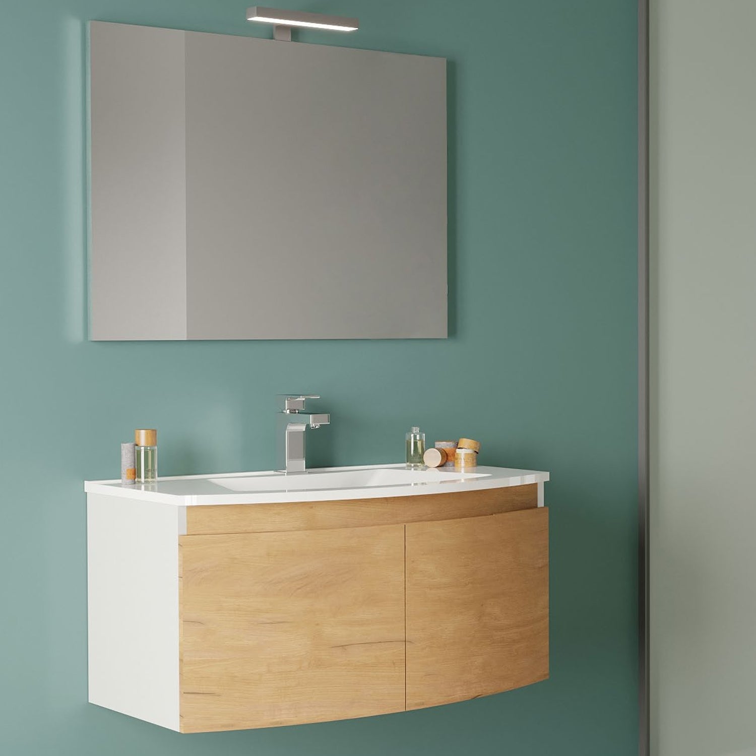 Mobile bagno a due ante con lavabo in resina specchio e lampada cm 80 Rovere Oro-modello Tide 2 by CeramicStore | Lo specialista del tuo bagno