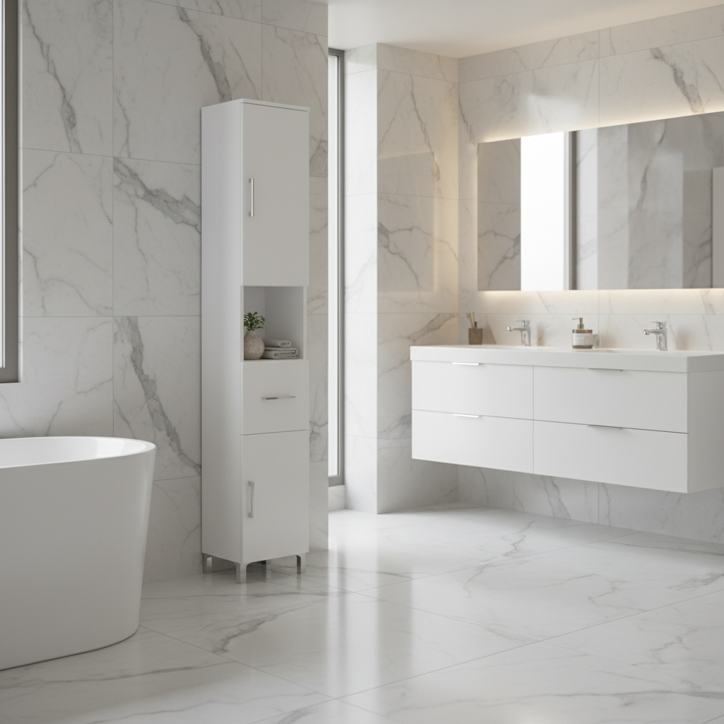 Colonna bagno alta a due ante con cassetto e vano a giorno modello Beach bianco lucido