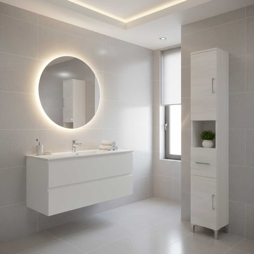 Colonna bagno alta a due ante con cassetto e vano a giorno modello Beach rovere bianco