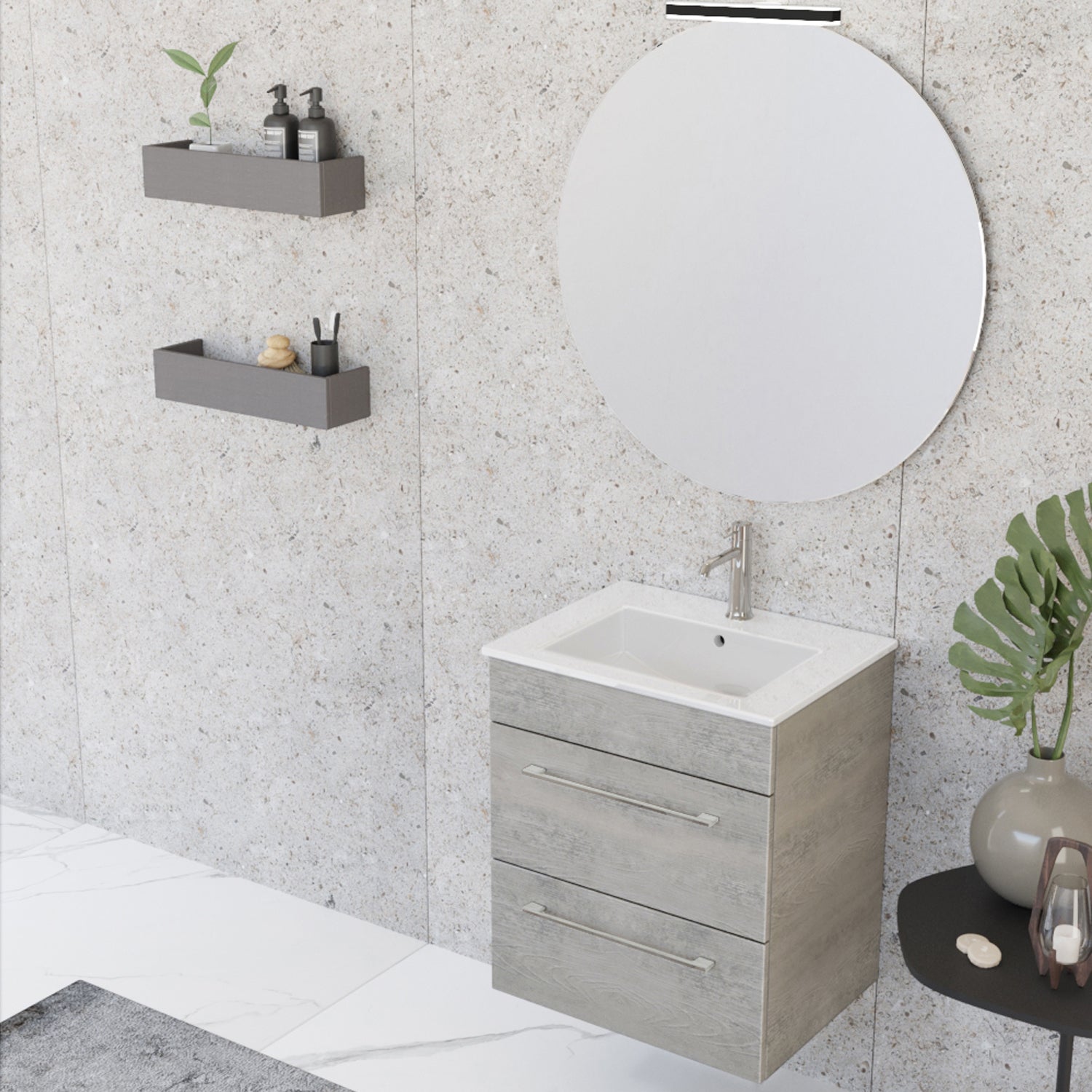 Composizione bagno sospesa Smack a 2 cassetti 55x62 con lavabo, specchio con lampada LED cement wood by CeramicStore | Lo specialista del tuo bagno