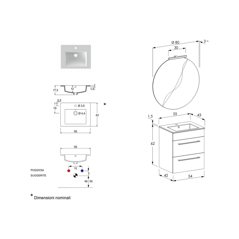 Composizione bagno sospesa Smack a 2 cassetti 55x62 con lavabo, specchio con lampada LED cement wood by CeramicStore | Lo specialista del tuo bagno