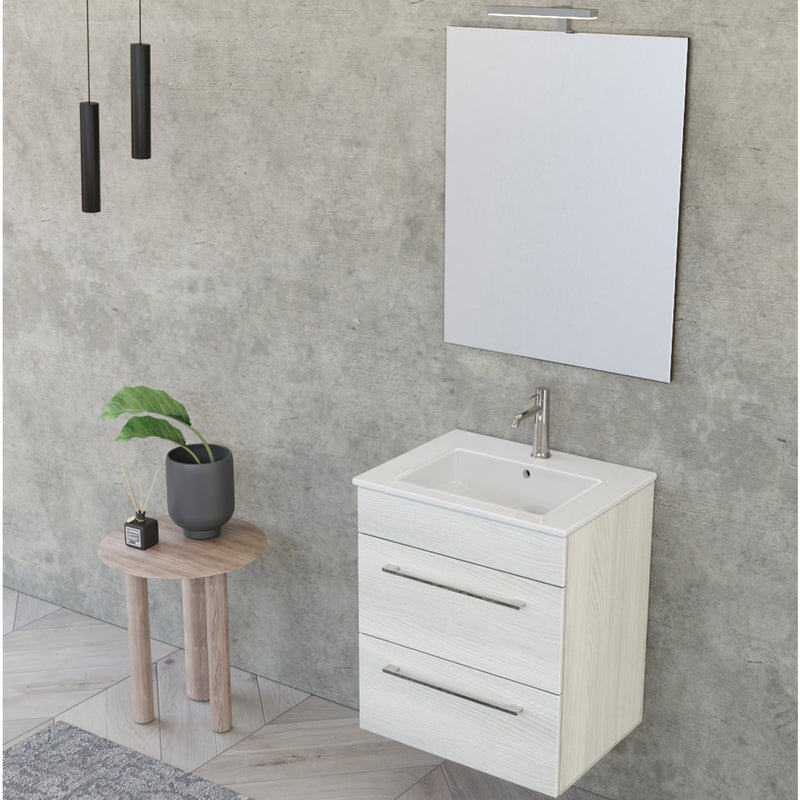 Composizione bagno sospesa Smack a 2 cassetti 55x62 con lavabo, specchio con lampada LED olmo bianco by CeramicStore | Lo specialista del tuo bagno