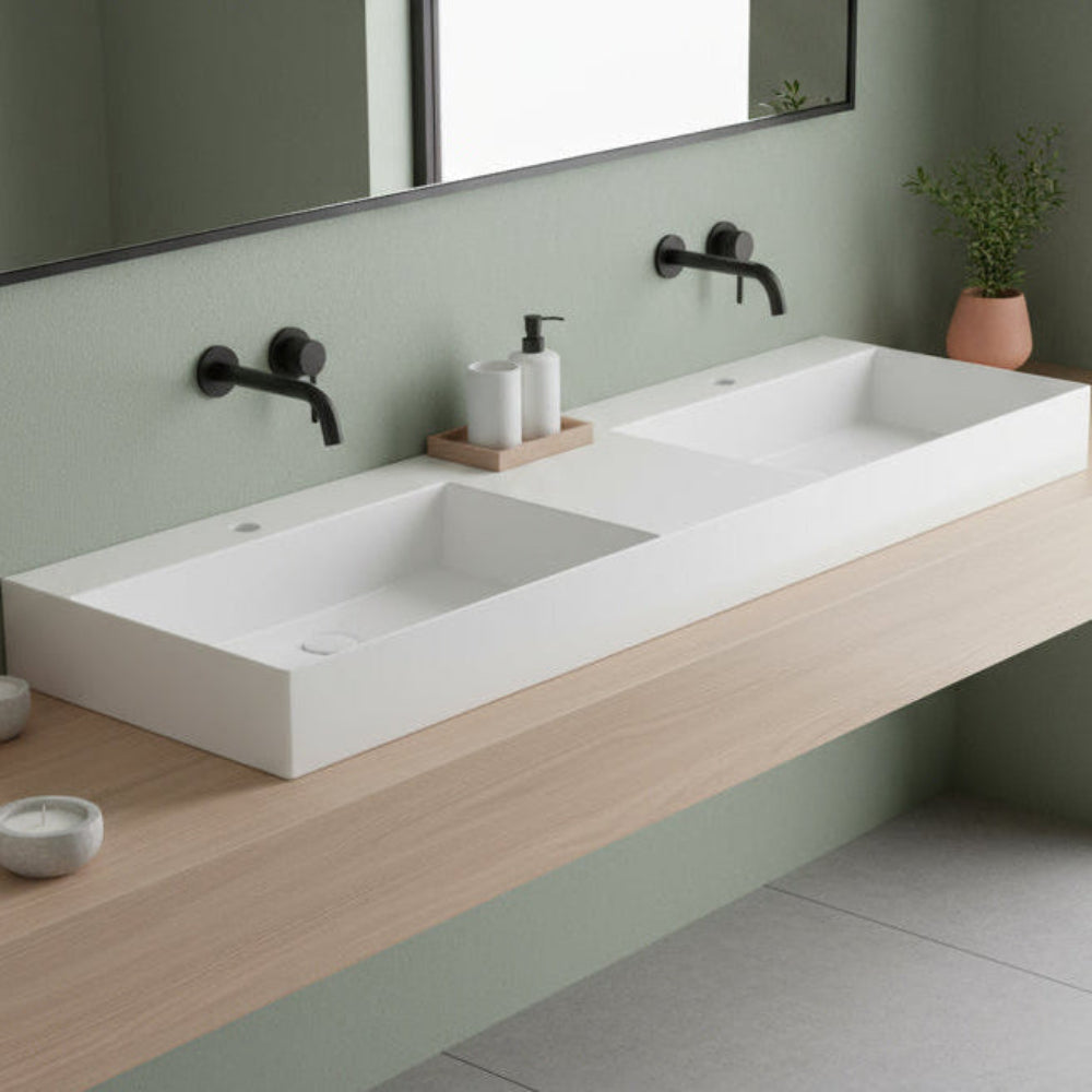 Lavabo da appoggio/sospeso squadrato con doppia vasca e fori Ceramica Azzurra Elegance 161x46 cm - Bianco lucido