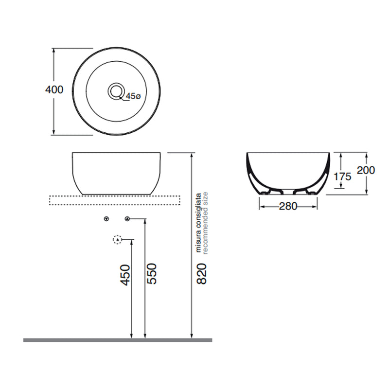 Lavabo da appoggio Ceramica Azzurra Elegance Circle à¸40x20H cm con bordo sottile