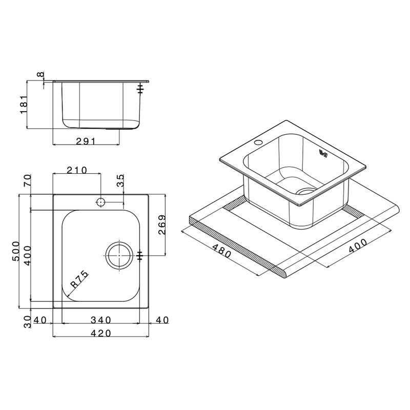 Lavello da cucina in acciaio inox 1 vasca 42x50 cm by CeramicStore | Lo specialista del tuo bagno