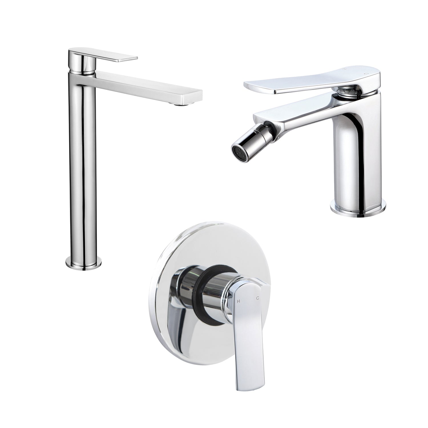 Composizione di miscelatori per lavabo alto, bidet e doccia a una via Lumix in ottone cromato by CeramicStore | Lo specialista del tuo bagno