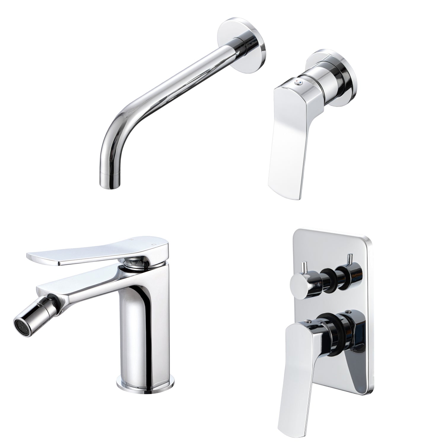 Composizione di miscelatori per lavabo incasso, bidet e doccia due vie squadrato in ottone cromato Lumix by CeramicStore | Lo specialista del tuo bagno