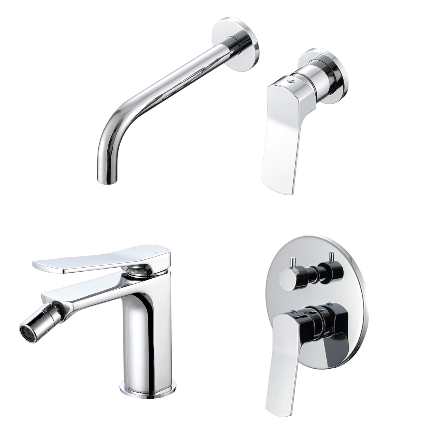 Composizione di miscelatori per lavabo incasso, bidet e doccia tre vie tondo in ottone cromato Lumix by CeramicStore | Lo specialista del tuo bagno