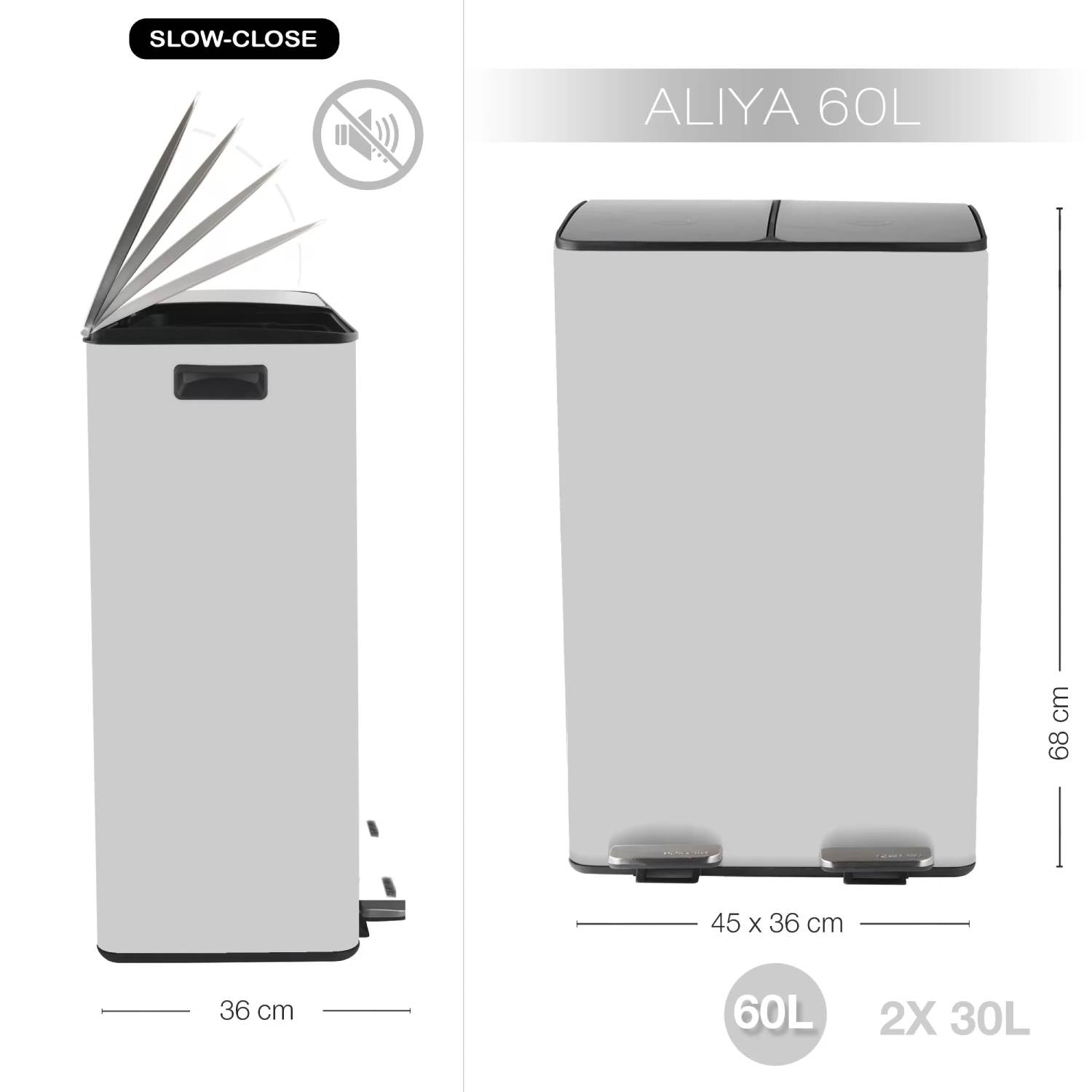 Pattumiera a pedale modello Aliya 2x 30 Lt. colore bianco opaco