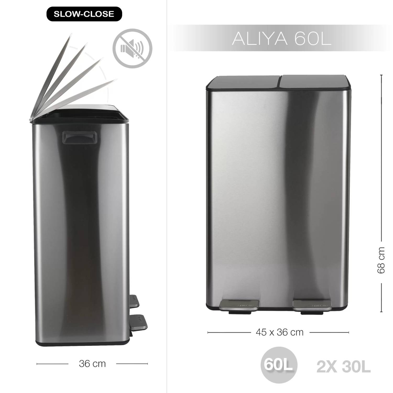 Pattumiera a pedale modello Aliya 2x30 Lt. in acciaio inox spazzolato
