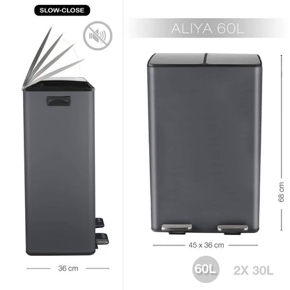 Pattumiera a pedale Aliya 2 X 30L color grigio opaco in acciaio inossidabile
