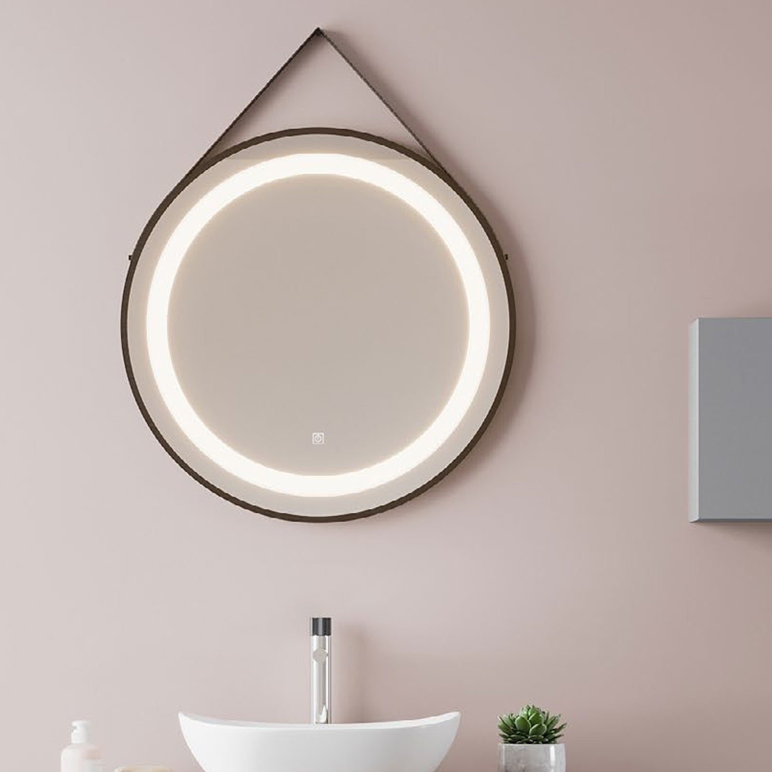 Specchio tondo touch con cinghia in ecopelle e luce LED integrata Cubi&Co diametro 60 cm by CeramicStore | Lo specialista del tuo bagno