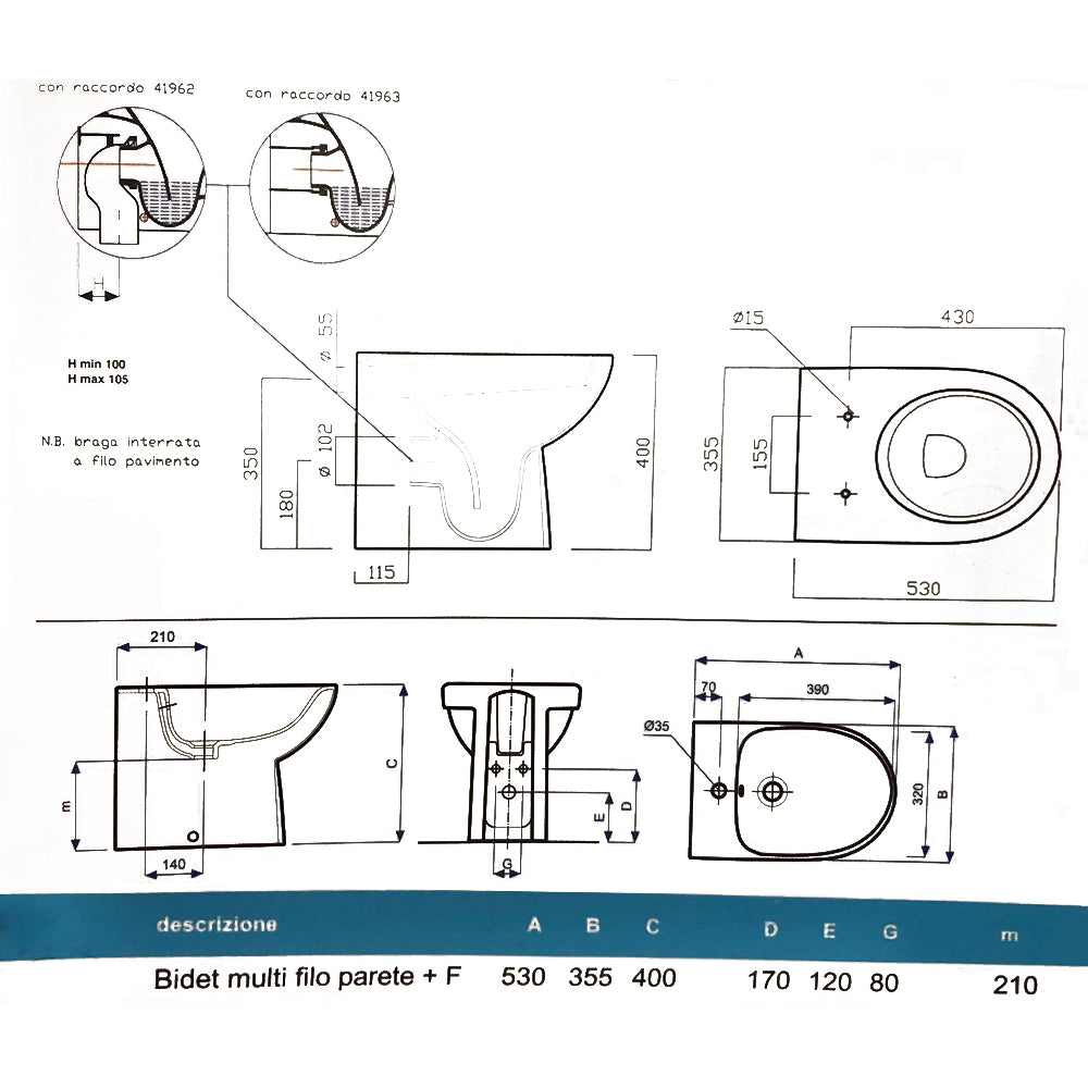 Sanitari filomuro wc+bidet +sedile soft close Geberit 'Selnova' cm 53