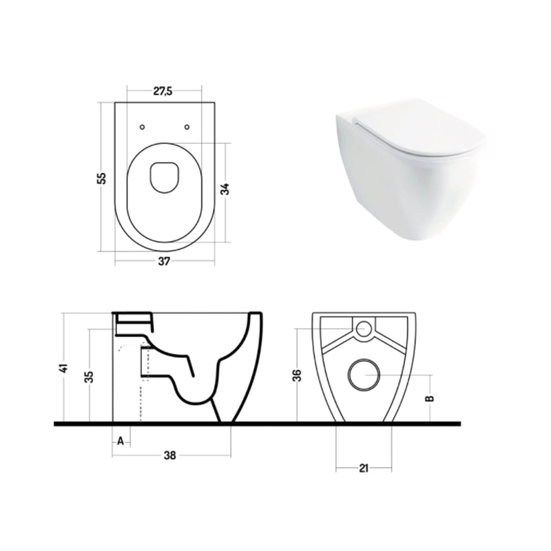Wc filomuro con scarico traslato serie Skip 55 in ceramica con coprivaso chiusura softclose - Disegno Ceramica
