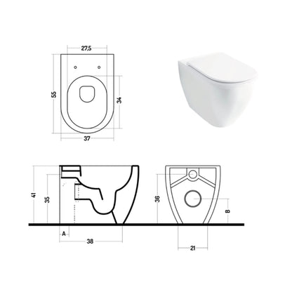 Wc filomuro con scarico traslato serie Skip 55 in ceramica con coprivaso chiusura tradizionale - Disegno Ceramica