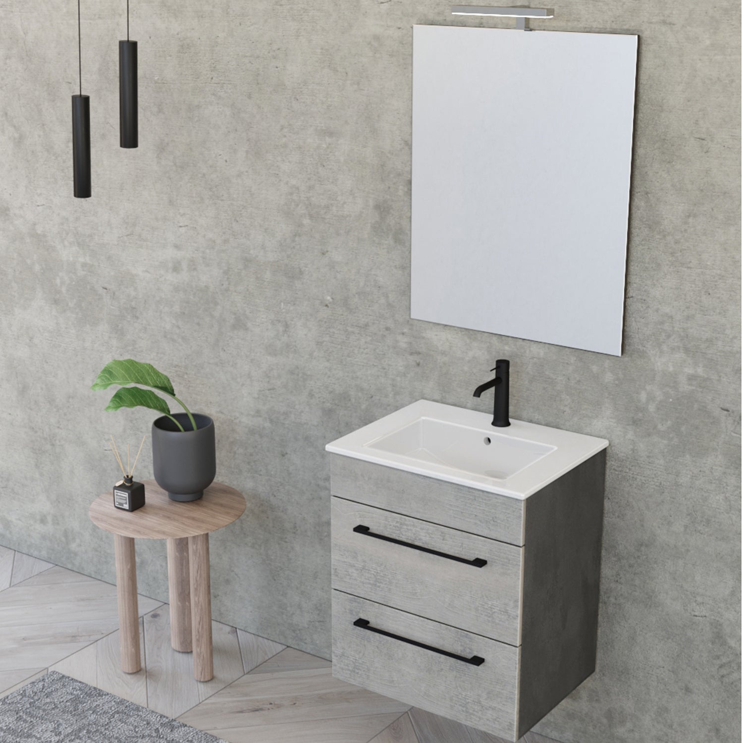 Composizione bagno sospesa Smack a 2 cassetti 55x62 con lavabo, specchio con lampada LED cement wood e cemento by CeramicStore | Lo specialista del tuo bagno