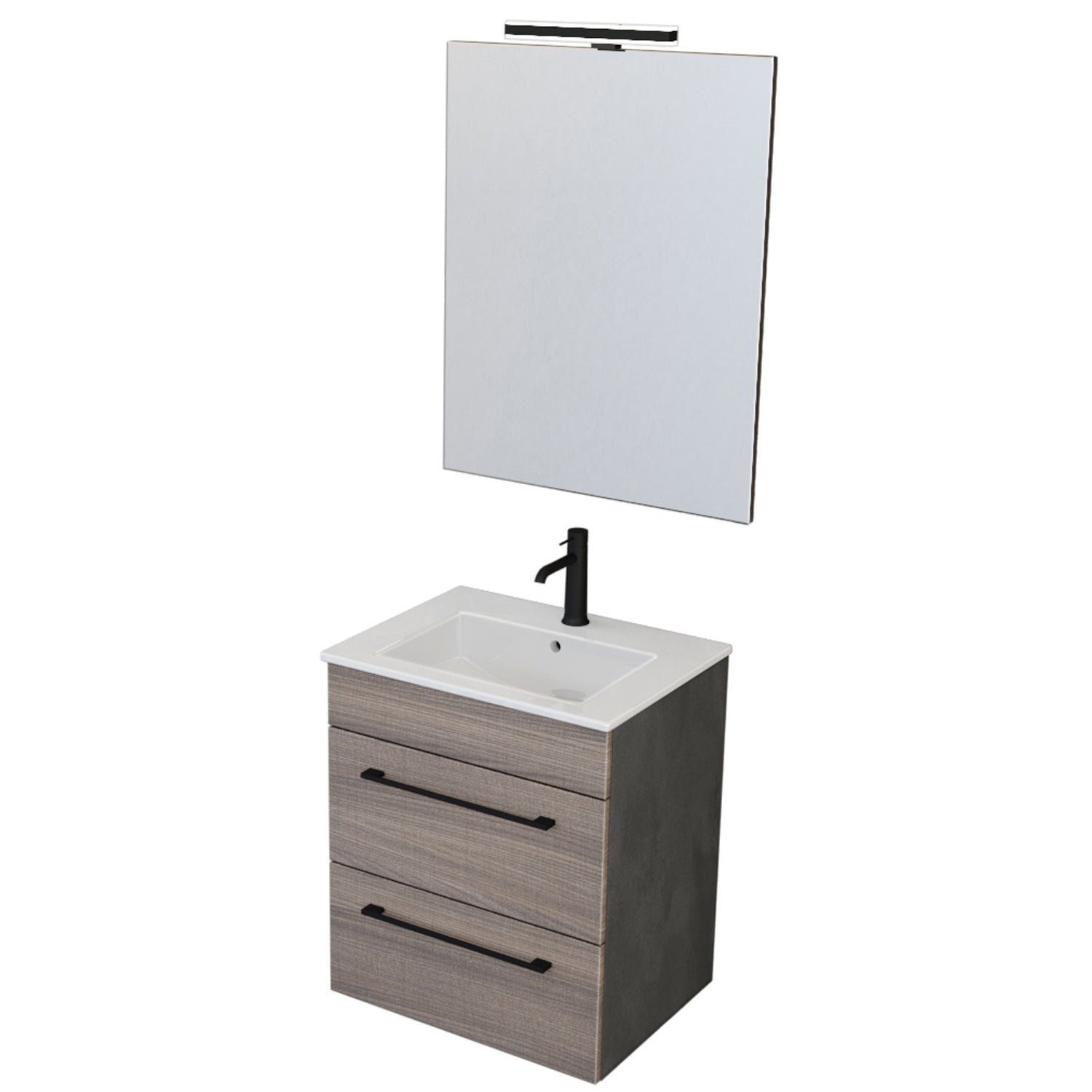 Composizione bagno sospesa Smack a 2 cassetti 55x62 con lavabo, specchio con lampada LED olmo naturale e cemento by CeramicStore | Lo specialista del tuo bagno