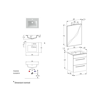 Composizione bagno sospesa Smack a 2 cassetti 55x62 con lavabo, specchio con lampada LED olmo naturale e cemento by CeramicStore | Lo specialista del tuo bagno