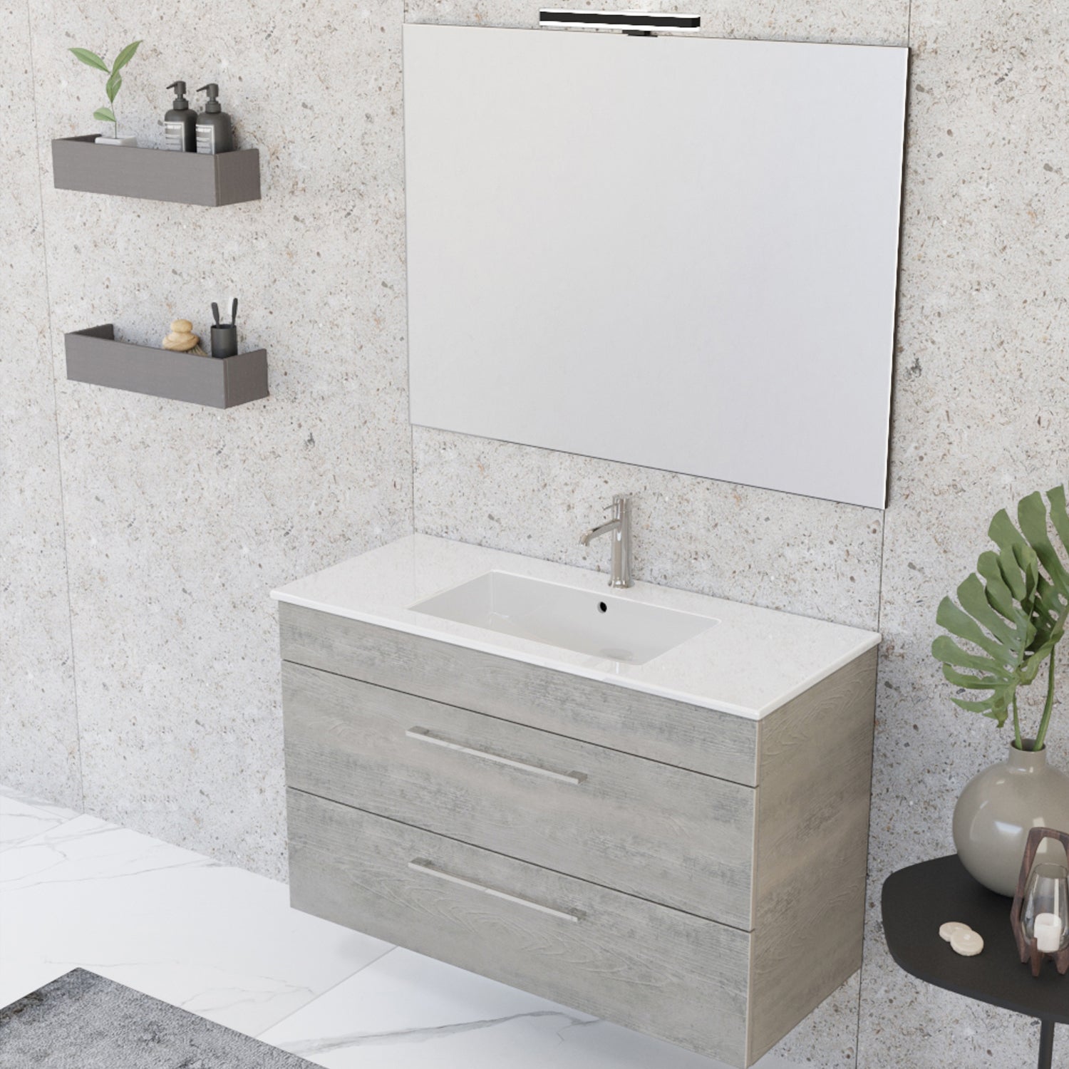 Composizione bagno sospesa Smack a 2 cassetti 100x62 con lavabo, specchio con lampada LED cement wood by CeramicStore | Lo specialista del tuo bagno