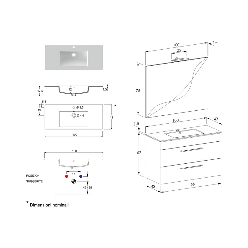 Composizione bagno sospesa Cubi&Co Smack a 2 cassetti 100x62 con lavabo, specchio con lampada LED olmo naturale by CeramicStore | Lo specialista del tuo bagno