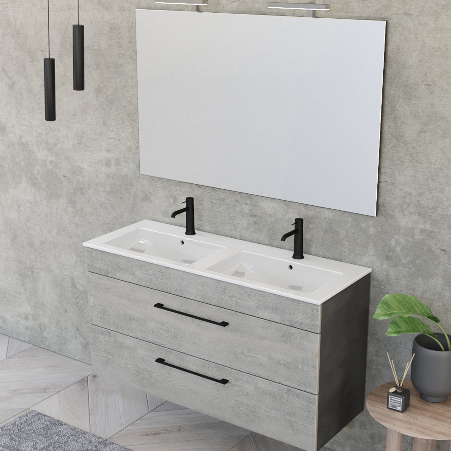 Composizione bagno sospesa Smack a 2 cassetti 118x62 con doppio lavabo, specchio con lampada LED cement wood e cemento by CeramicStore | Lo specialista del tuo bagno