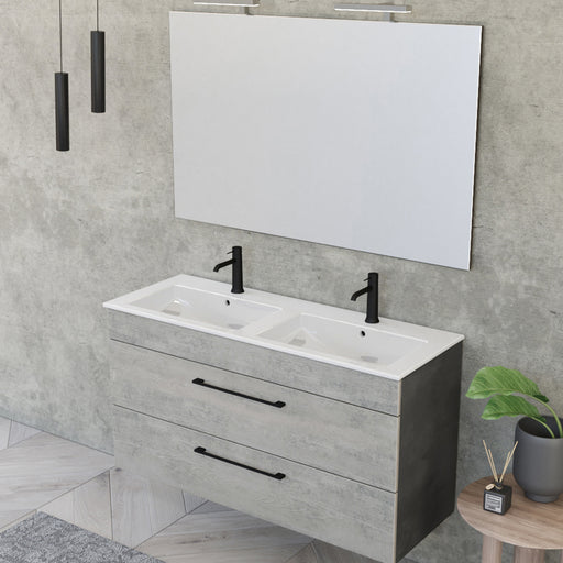 Composizione bagno sospesa Smack a 2 cassetti 118x62 con doppio lavabo, specchio con lampada LED cement wood e cemento by CeramicStore | Lo specialista del tuo bagno