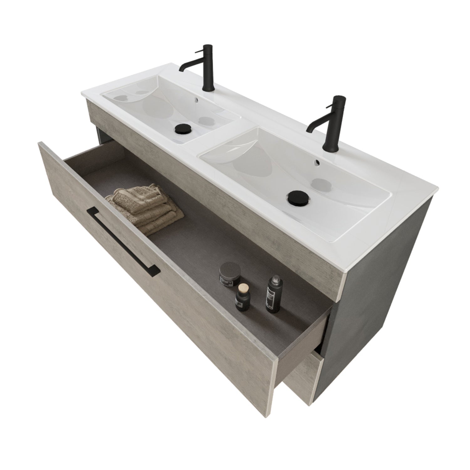 Composizione bagno sospesa Smack a 2 cassetti 118x62 con doppio lavabo, specchio con lampada LED cement wood e cemento by CeramicStore | Lo specialista del tuo bagno