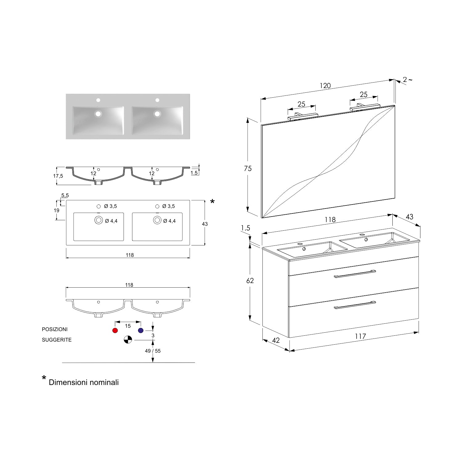 Composizione bagno sospesa Smack a 2 cassetti 118x62 con doppio lavabo, specchio con lampada LED cement wood e cemento by CeramicStore | Lo specialista del tuo bagno