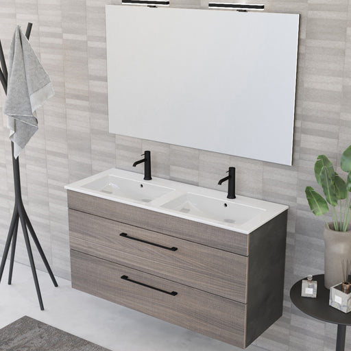 Composizione bagno sospesa Smack a 2 cassetti 118x62 con doppio lavabo, specchio con lampada LED olmo naturale e cemento by CeramicStore | Lo specialista del tuo bagno