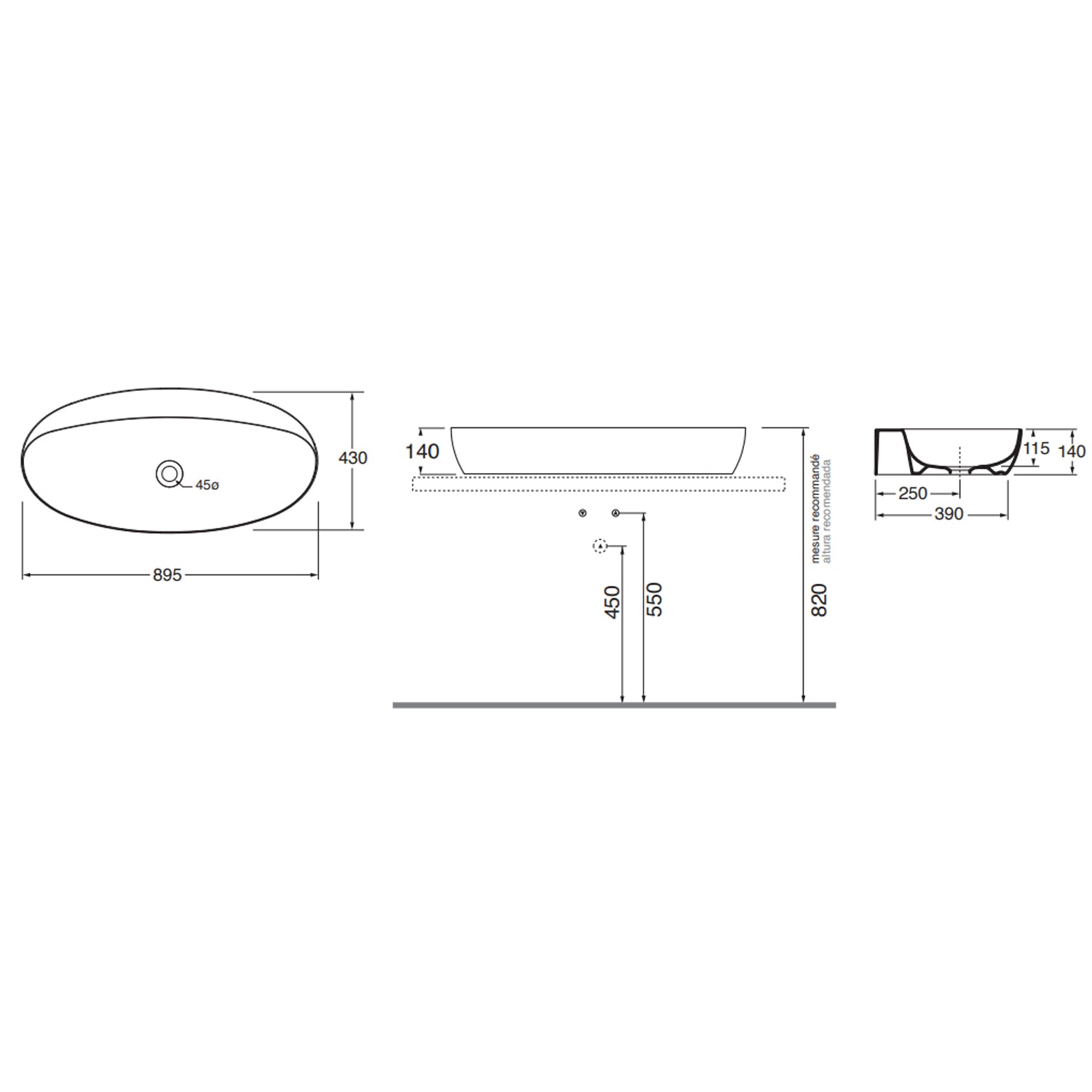 Lavabo da appoggio Ceramica Azzurra Elegance 90x44 cm - Bianco Lucido