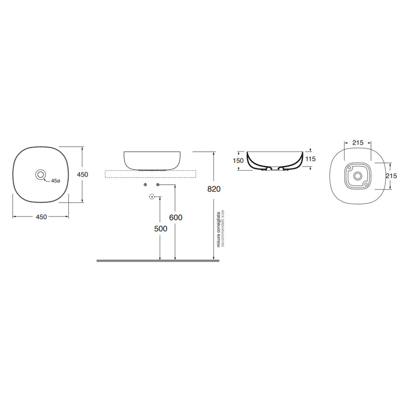 Lavabo da appoggio Azzurra Elegance Zip 45x45 cm senza foro - Bianco lucido