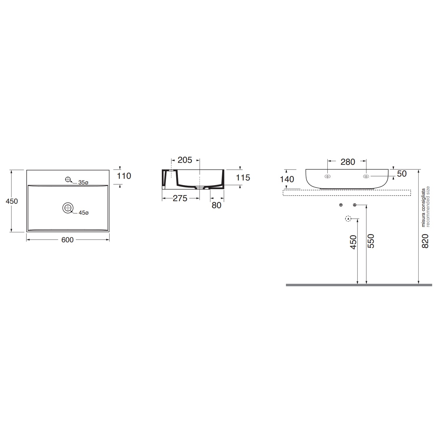 Lavabo da appoggio Azzurra linea Leuca 60x45 cm con foro - Bianco lucido