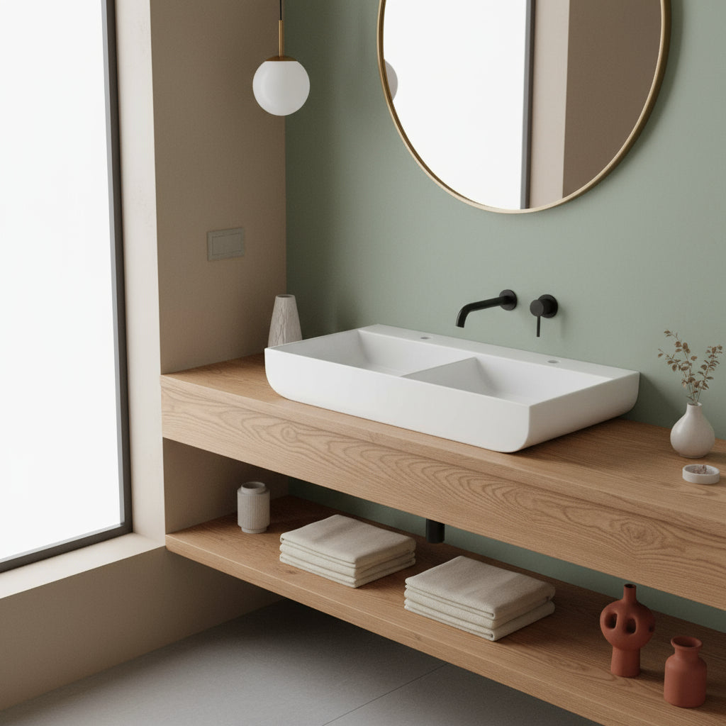 Lavabo da appoggio Azzurra linea Leuca a due vasche 100x45 cm con fori - Bianco lucido