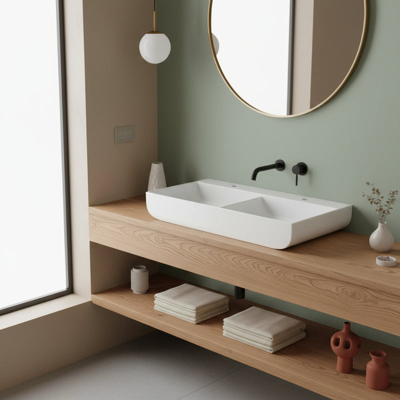 Lavabo da appoggio Azzurra linea Leuca a due vasche 100x45 cm con fori - Bianco lucido