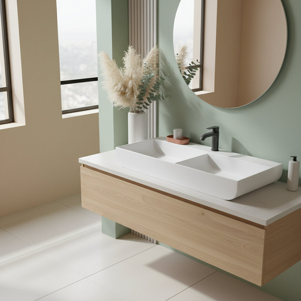 Lavabo da appoggio Azzurra linea Leuca a due vasche 100x45 cm - Bianco lucido
