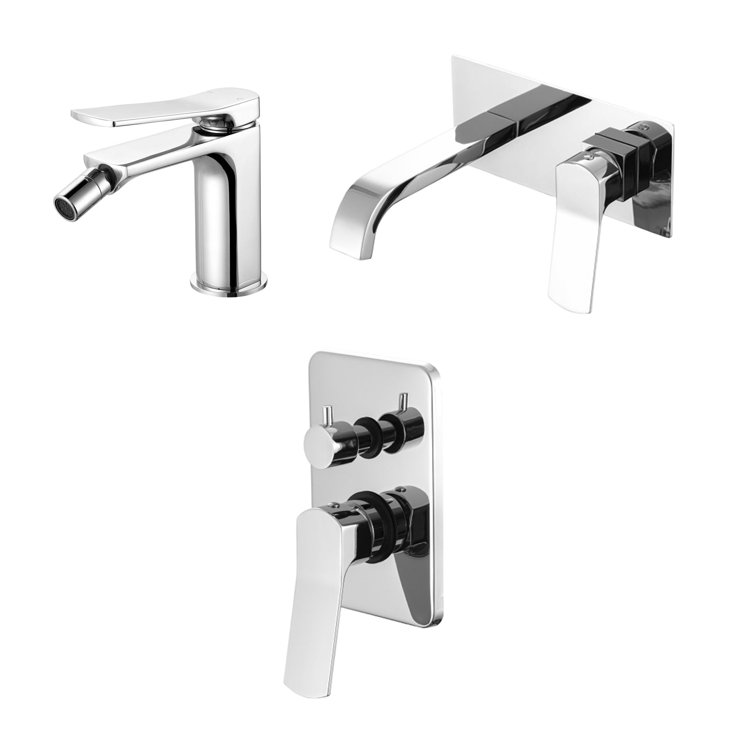 Composizione di miscelatori per lavabo incasso easy box squadrato, bidet e doccia due vie squadrato in ottone cromato Lumix by CeramicStore | Lo specialista del tuo bagno