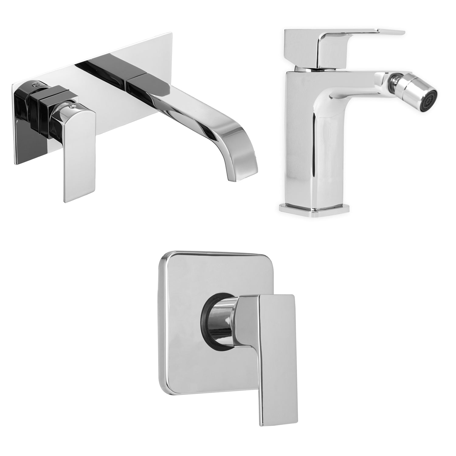 Composizione di miscelatori per lavabo incasso, bidet e doccia a una via Nix in ottone cromato by CeramicStore | Lo specialista del tuo bagno