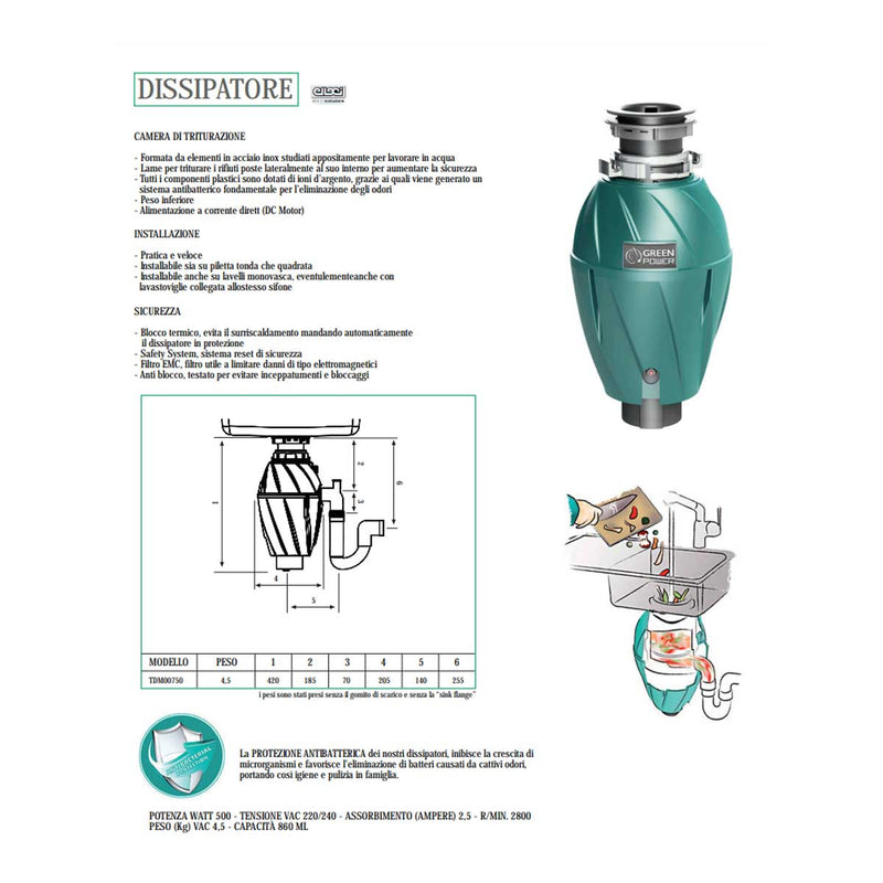 Dissipatore tritarifiuti per lavello cucina ELLECI Modello 750 by CeramicStore | Lo specialista del tuo bagno