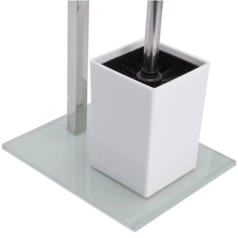 Piantana da bagno con porta rotolo e porta scopino in acciaio inox di colore bianco