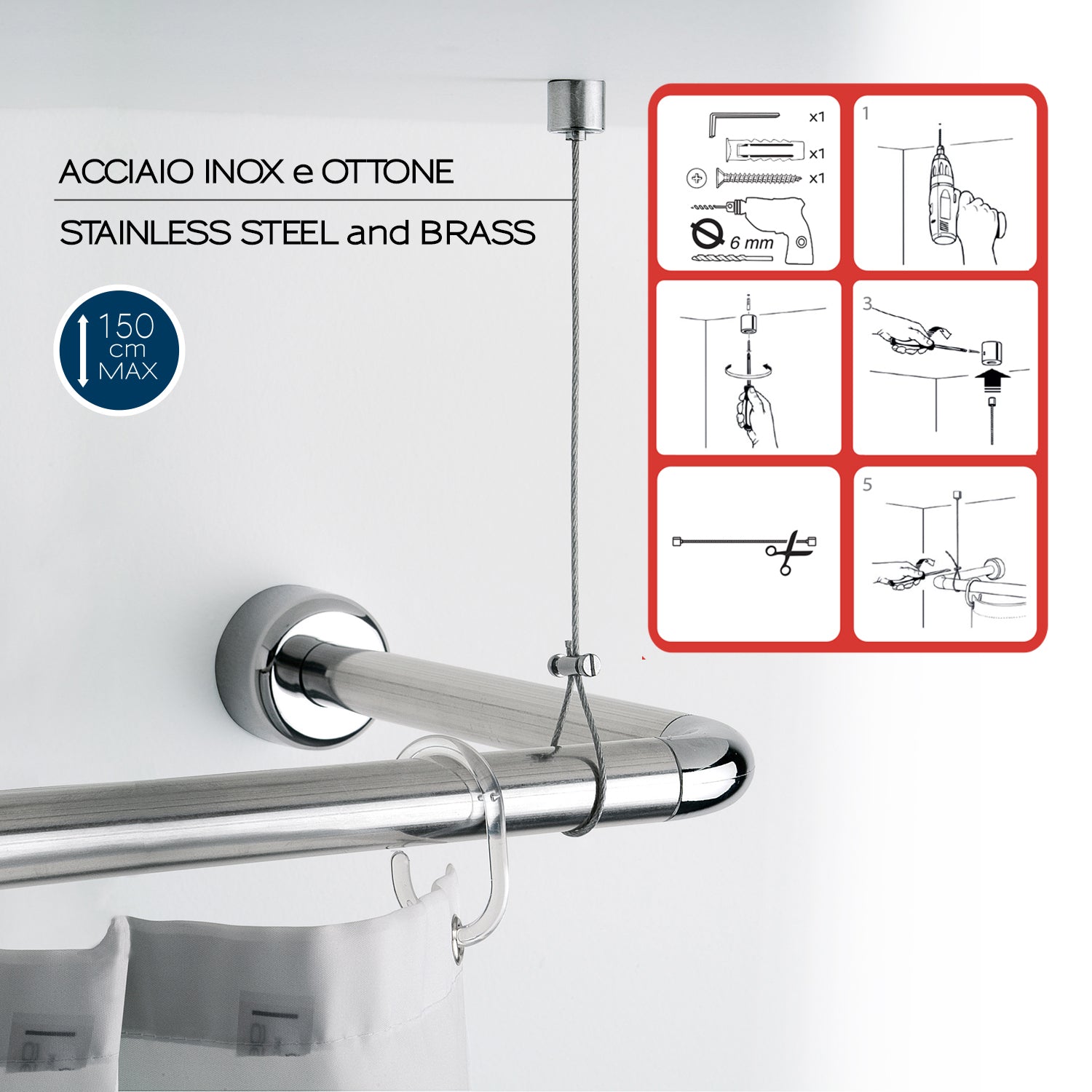 Supporto a soffitto per tende doccia di Gedy in ottone cromato L. 150 cm by CeramicStore | Lo specialista del tuo bagno