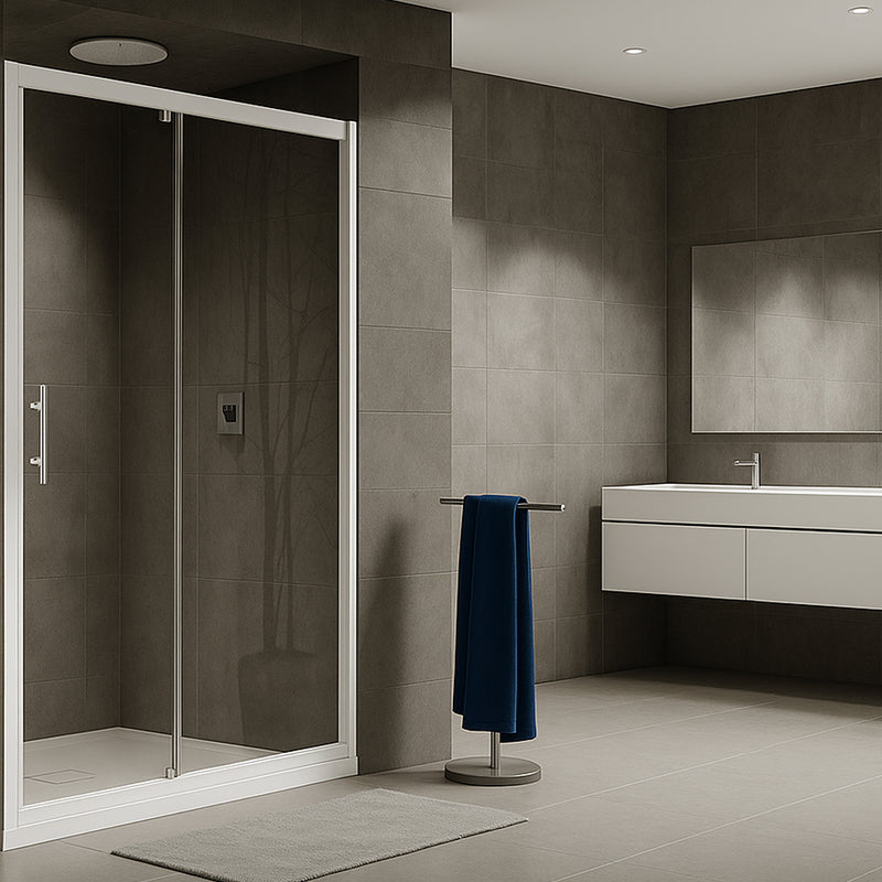 Box doccia ad un anta battente a nicchia 130cm h190 cristallo trasparente e profili bianchi linea Domingo by CeramicStore | Lo specialista del tuo bagno