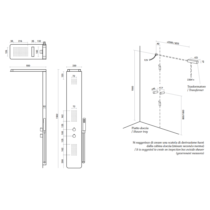 Pannello Doccia Digitale con cromoterapia e bluetooth realizzato in acciaio inox con frontale nero by CeramicStore | Lo specialista del tuo bagno