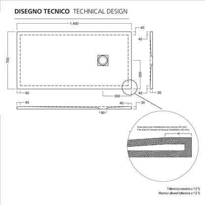 Piatto doccia in ceramica alta pressione effetto levigato 140x70 colore Avorio Petra H3