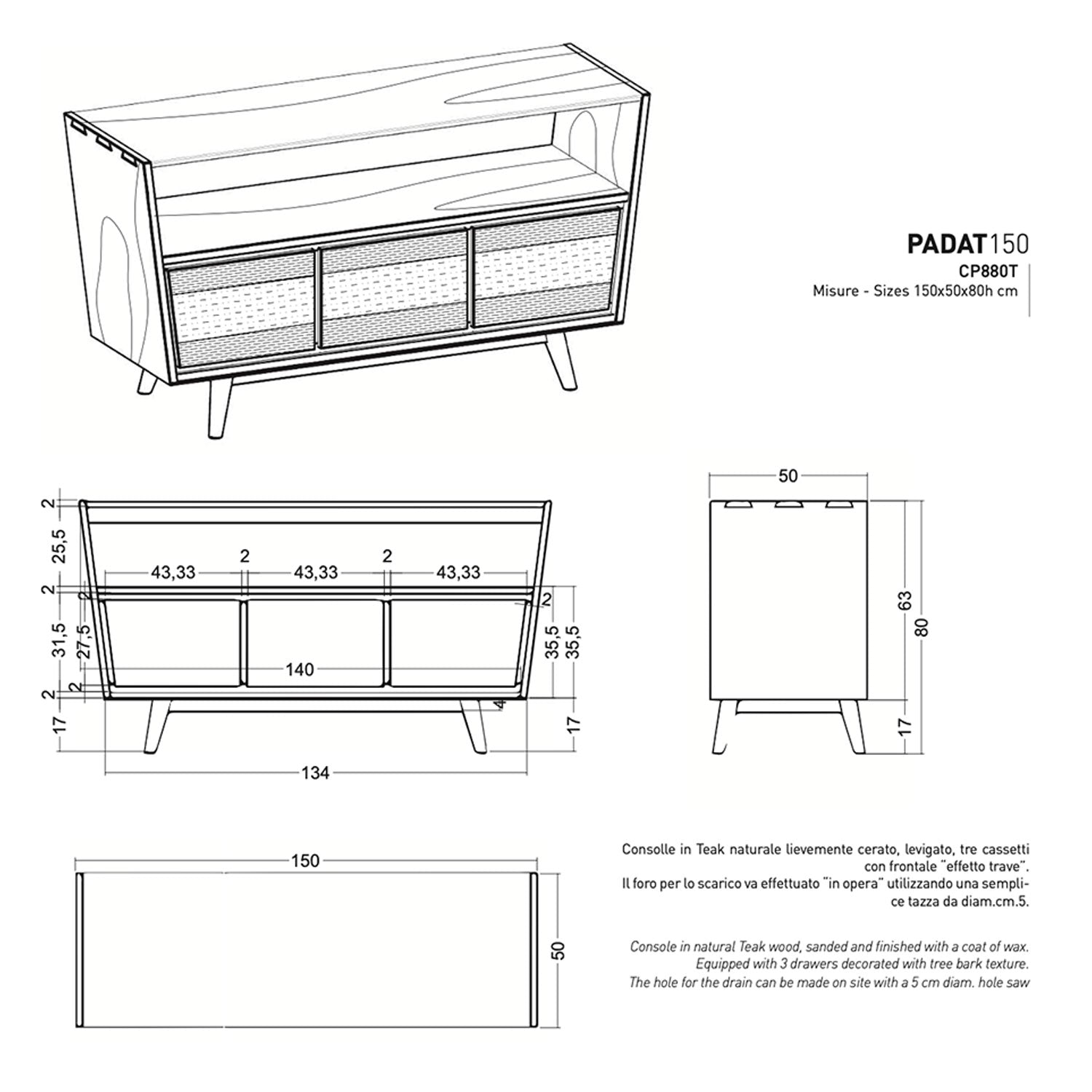 Mobile da bagno in teak CIPI PADAT150 da cm 150 con cassetto by CeramicStore | Lo specialista del tuo bagno