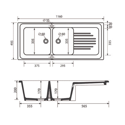 Lavello da incasso bianco in ceramica con 2 vasche 116x50 cm by CeramicStore | Lo specialista del tuo bagno