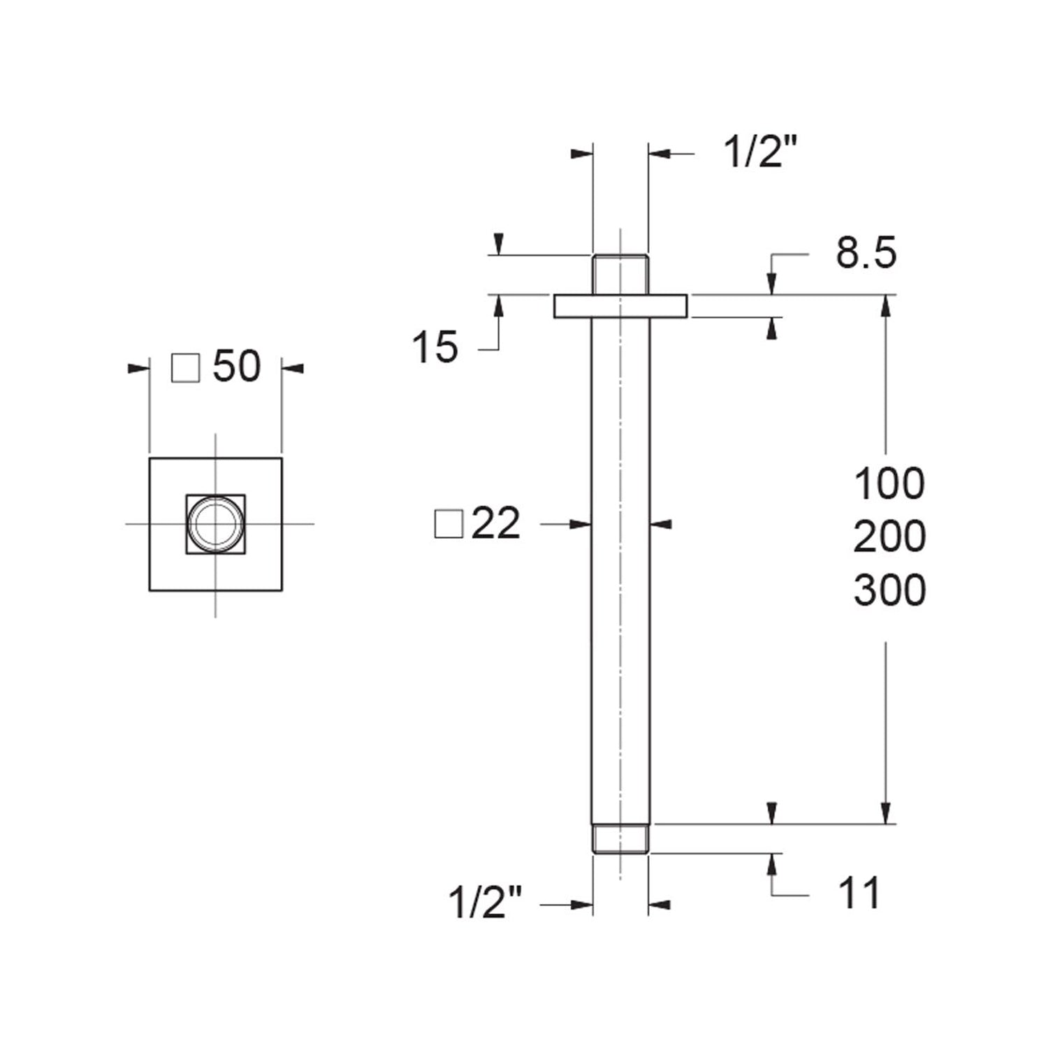 Braccio doccia a soffitto 22x22mm lunghezza 100mm by CeramicStore | Lo specialista del tuo bagno