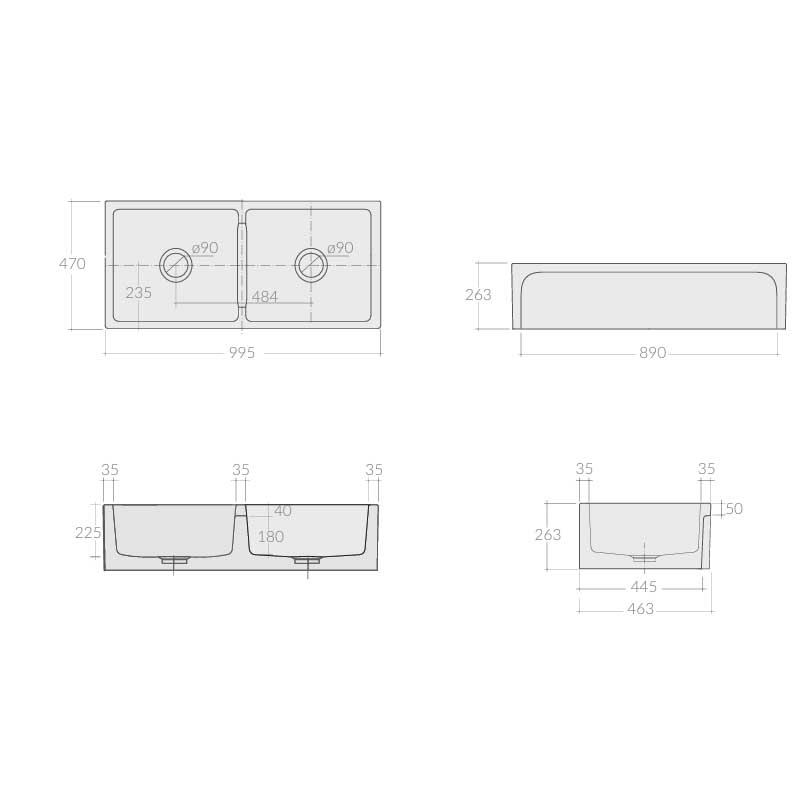 Vasca Lavello cucina doppia vasca 100x46 in ceramica Bianca Lucido collezione Frame di Ceramica Galassia