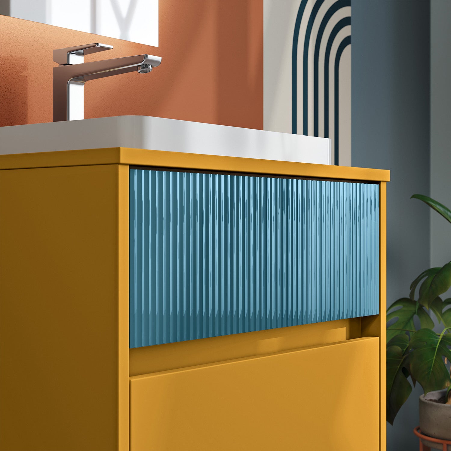 Mobile bagno sospeso Niwa03 di Falegnameria Adriatica con lavabo e specchio L.60+P.46 - Senape e Blu Pacifico by CeramicStore | Lo specialista del tuo bagno
